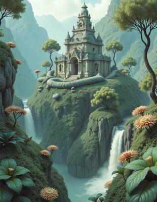Primary subject: A castle on top of a hill with a waterfall in the background.

Setting/background: The scene is set in a lush green forest with a waterfall cascading down the side of a mountain.

Visual style: The image is a digital art illustration.

Colors and mood: The colors are predominantly green, with the waterfall adding a splash of blue. The overall atmosphere is serene and picturesque.